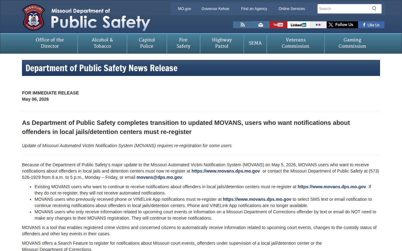 Dunklin County custody notification update from Missouri MOVANS