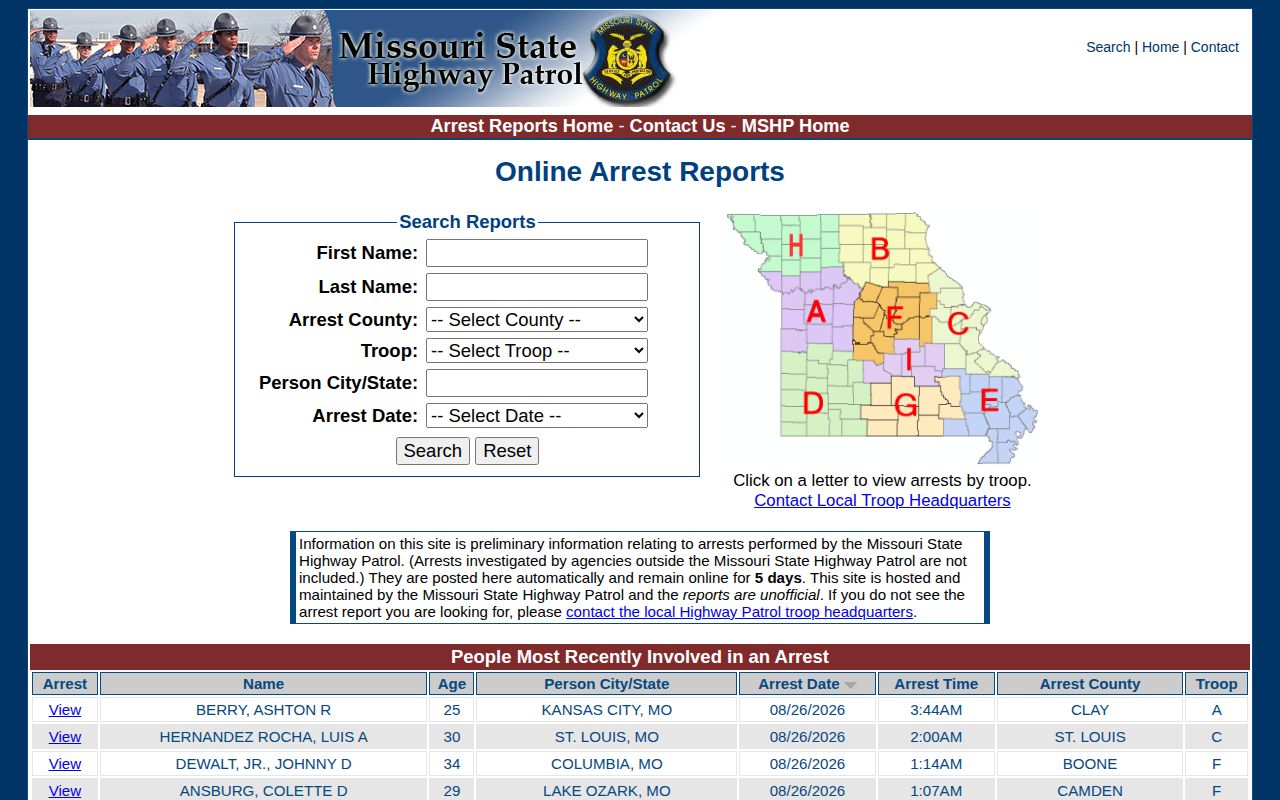 Dunklin County Missouri State Highway Patrol arrest-search source